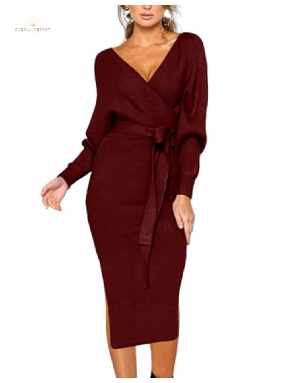 Sweater Dress V Neck Batwing Long Sleeve Midi with Belt